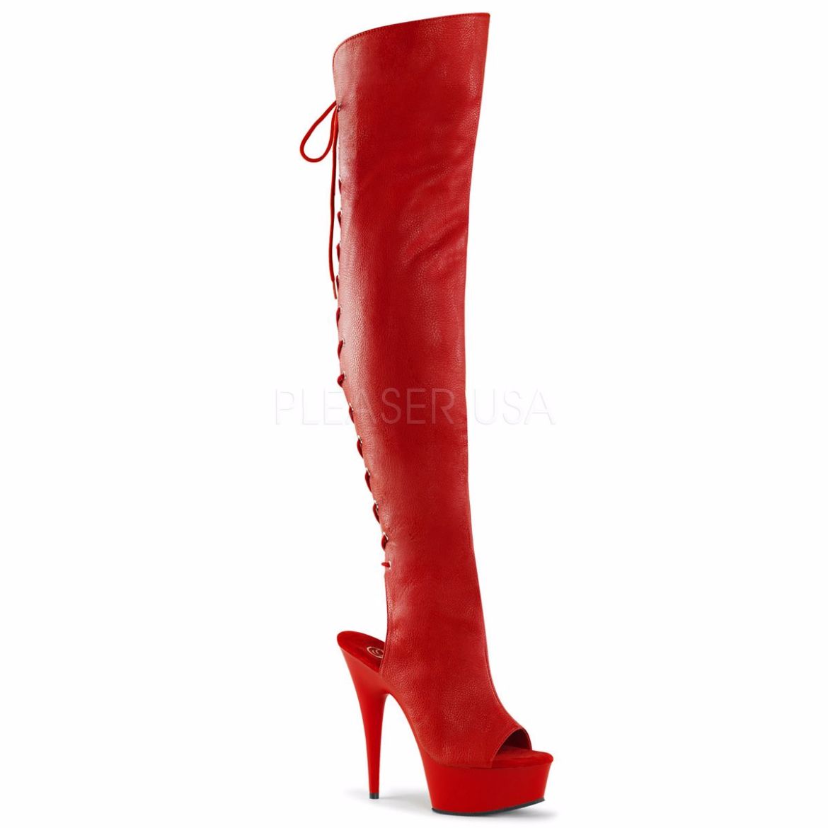 Product image of Pleaser Delight-3019 Red Faux Leather/Red Matte, 6 inch (15.2 cm) Heel, 1 3/4 inch (4.4 cm) Platform Thigh High Boot