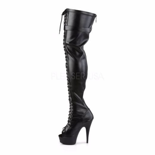 Product image of Pleaser Delight-3025 Black Stretch Faux Leather/Black Matte, 6 inch (15.2 cm) Heel, 1 3/4 inch (4.4 cm) Platform Thigh High Boot