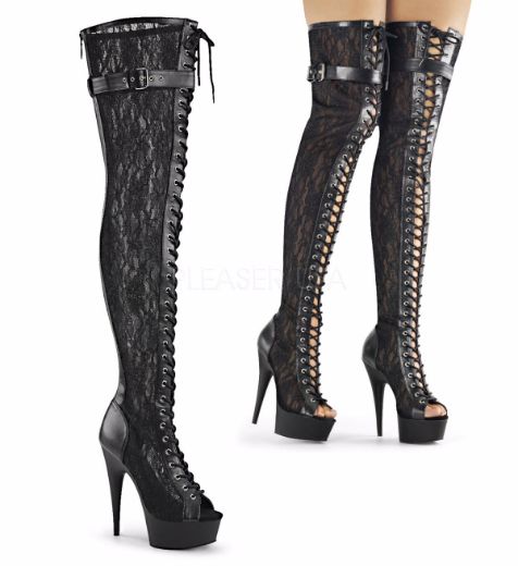 Product image of Pleaser Delight-3025Ml Black Faux Leather-Mesh-Lace/Black Matte, 6 inch (15.2 cm) Heel, 1 3/4 inch (4.4 cm) Platform Thigh High Boot
