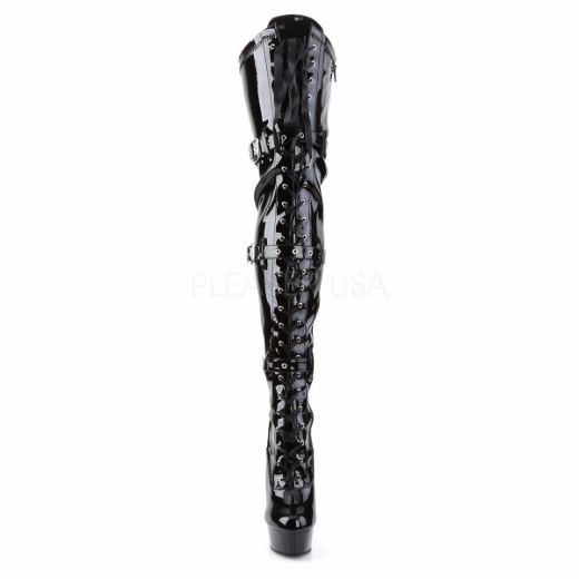 Product image of Pleaser Delight-3028 Black Stretch Patent/Black, 6 inch (15.2 cm) Heel, 1 3/4 inch (4.4 cm) Platform Thigh High Boot