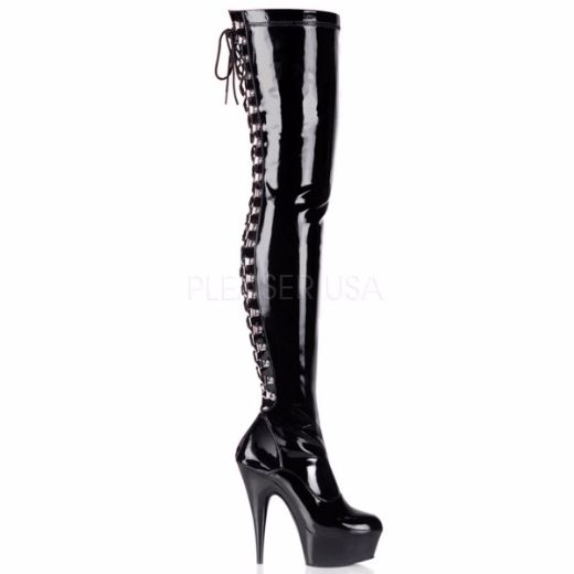 Product image of Pleaser Delight-3063 Black Stretch Patent/Black, 6 inch (15.2 cm) Heel, 1 3/4 inch (4.4 cm) Platform Thigh High Boot