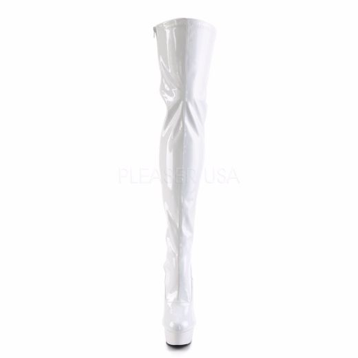 Product image of Pleaser Delight-3063 White Stretch Patent/White, 6 inch (15.2 cm) Heel, 1 3/4 inch (4.4 cm) Platform Thigh High Boot