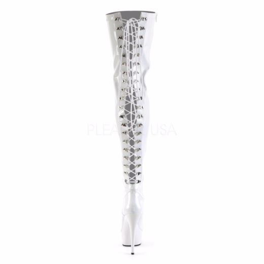 Product image of Pleaser Delight-3063 White Stretch Patent/White, 6 inch (15.2 cm) Heel, 1 3/4 inch (4.4 cm) Platform Thigh High Boot