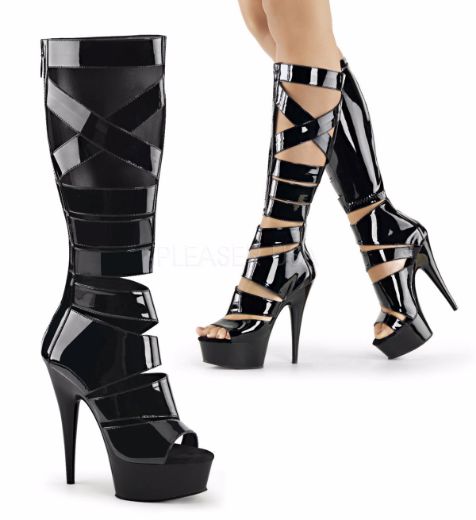 Product image of Pleaser Delight-600-49 Black Stretch Patent/Black, 6 inch (15.2 cm) Heel, 1 3/4 inch (4.4 cm) Platform Sandal Shoes