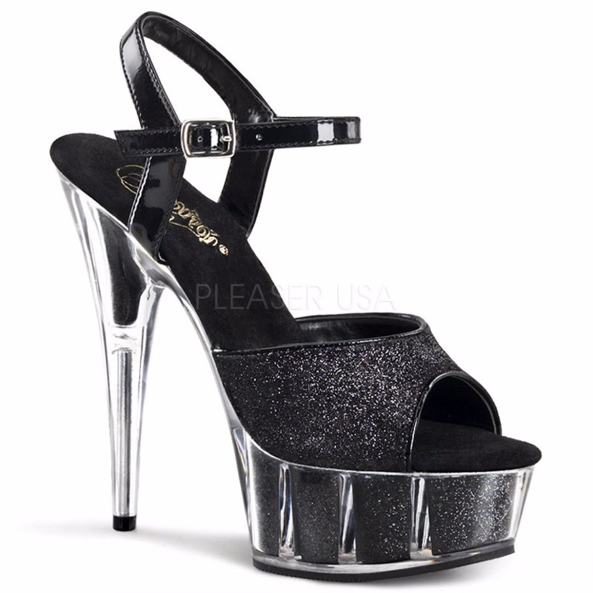 Product image of Pleaser Delight-609-5G Black Glitter/Black Glitter, 6 inch (15.2 cm) Heel, 1 3/4 inch (4.4 cm) Platform Sandal Shoes
