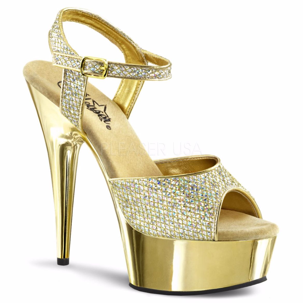 Product image of Pleaser Delight-609G Gold Multi Glitter/Gold Chrome, 6 inch (15.2 cm) Heel, 1 3/4 inch (4.4 cm) Platform Sandal Shoes