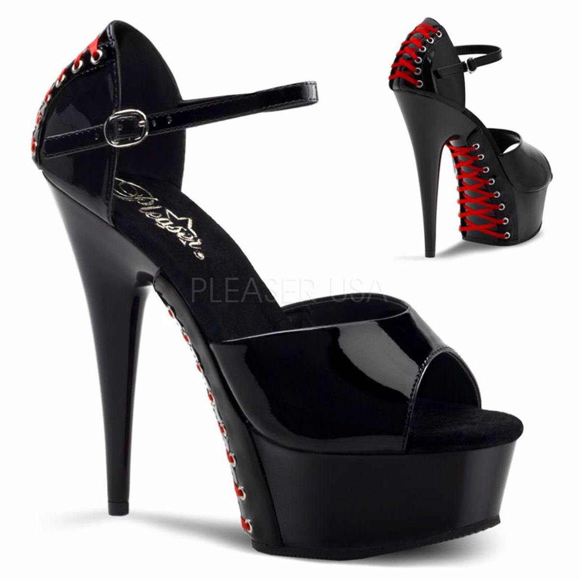 Product image of Pleaser Delight-660Fh Black Patent/Black (Red Lace), 6 inch (15.2 cm) Heel, 1 3/4 inch (4.4 cm) Platform Sandal Shoes
