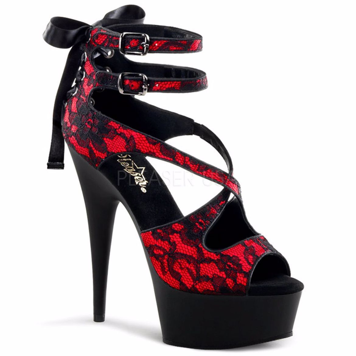 Product image of Pleaser Delight-678Lc Red Satin-Lace/Black Matte, 6 inch (15.2 cm) Heel, 1 3/4 inch (4.4 cm) Platform Sandal Shoes