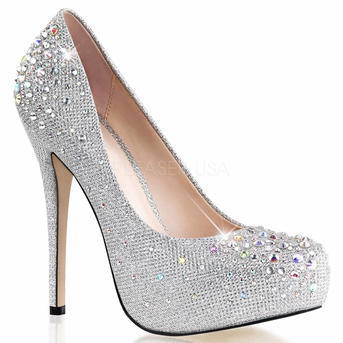 Product image of Fabulicious Destiny-06R Silver Glitter Mesh Fabric, 5 inch (12.7 cm) Heel, 1 inch (2.5 cm) Hidden Platform Pump Court Pump Shoes