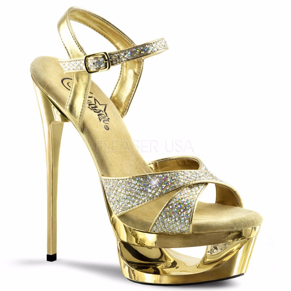 Product image of Pleaser Eclipse-619G Gold Multi Glitter/Gold Chrome, 6 1/2 inch (16.5 cm) Heel, 1 3/4 inch (4.4 cm) Platform Sandal Shoes