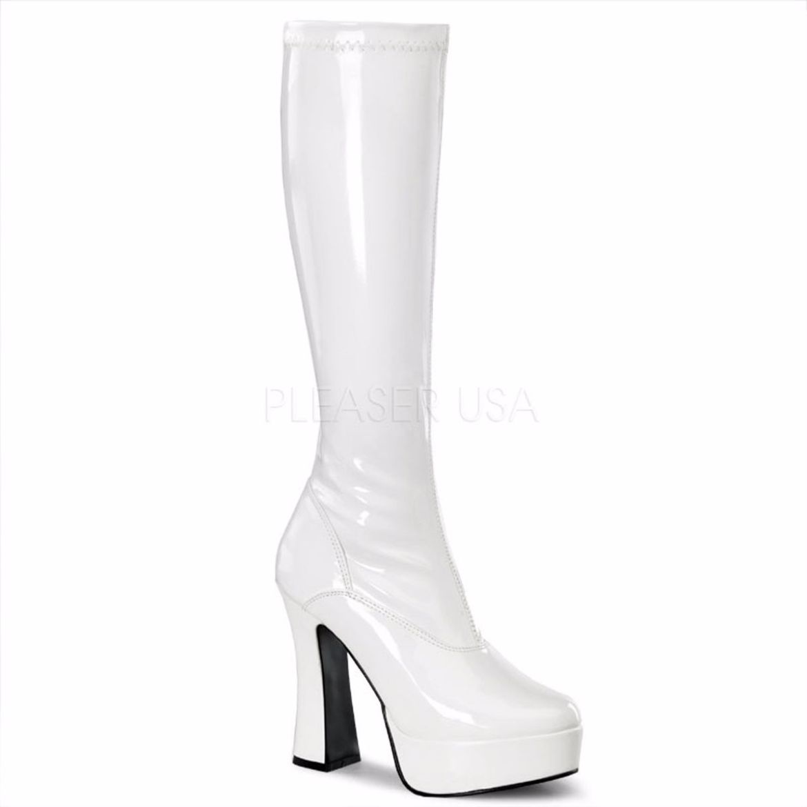 Product image of Pleaser Electra-2000Z White Stretch Patent, 5 inch (12.7 cm) Heel, 1 1/2 inch (3.8 cm) Platform Knee High Boot
