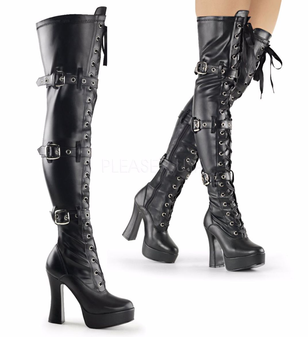 Product image of Pleaser Electra-3028 Black Stretch Faux Leather, 5 inch (12.7 cm) Heel, 1 1/2 inch (3.8 cm) Platform Thigh High Boot