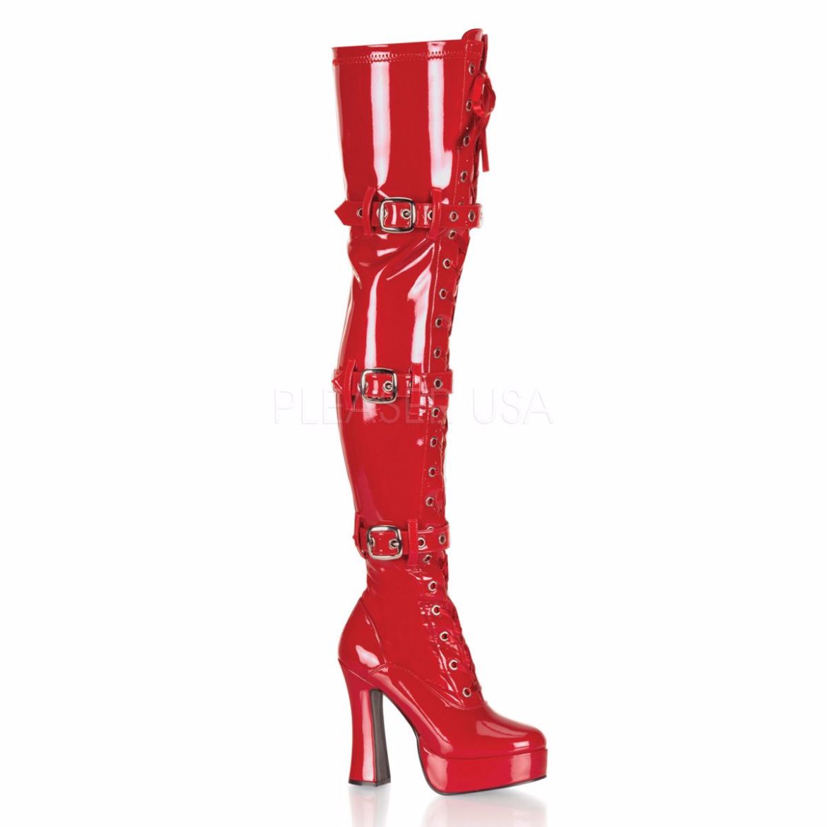 Product image of Pleaser Electra-3028 Red Stretch Patent, 5 inch (12.7 cm) Heel, 1 1/2 inch (3.8 cm) Platform Thigh High Boot