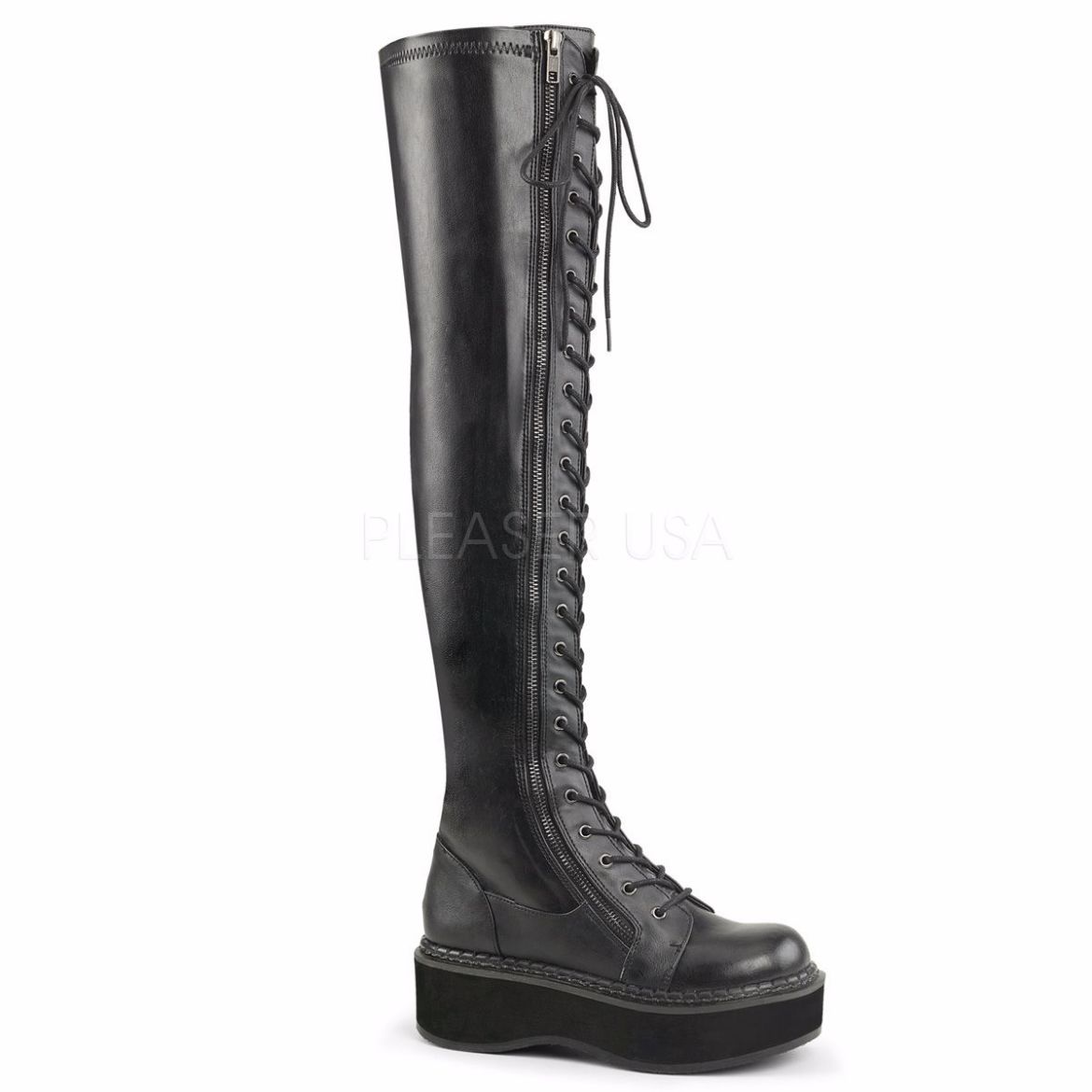 Product image of Demonia Emily-375 Black Stretch Vegan Leather, 2 inch Platform Thigh High Boot