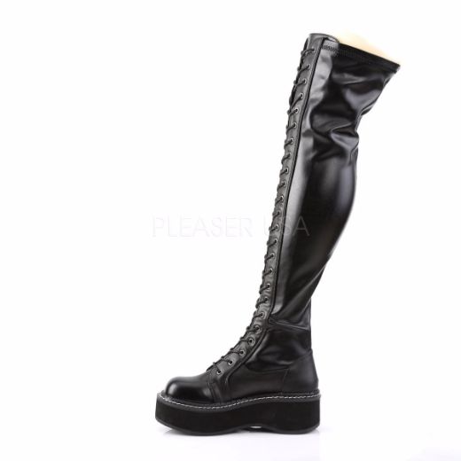 Product image of Demonia Emily-375 Black Stretch Vegan Leather, 2 inch Platform Thigh High Boot
