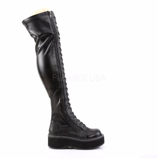 Product image of Demonia Emily-375 Black Stretch Vegan Leather, 2 inch Platform Thigh High Boot