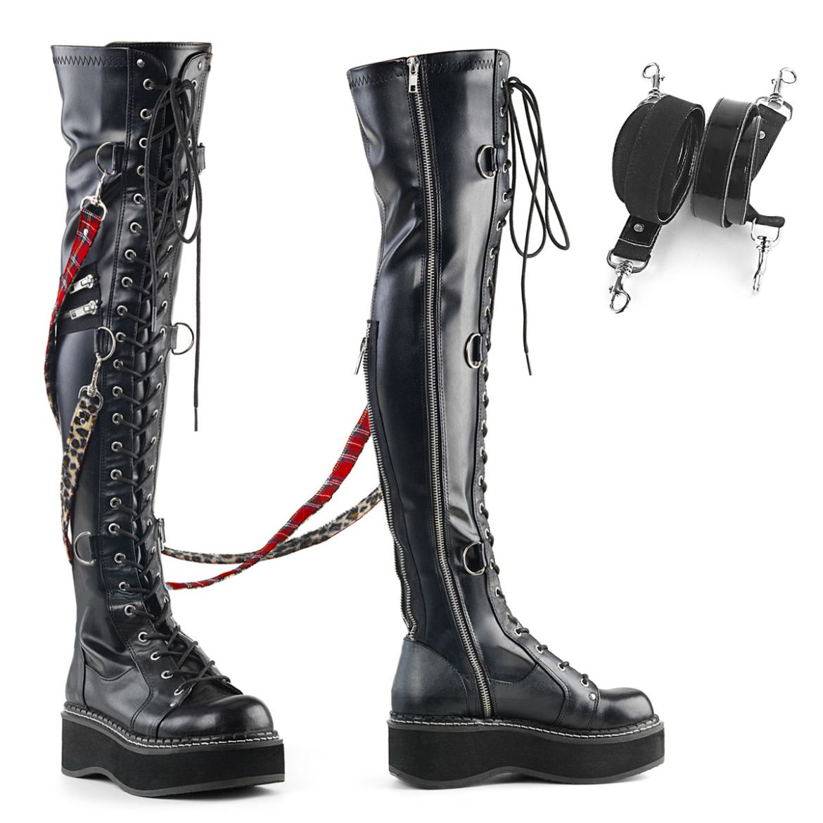 Product image of Demonia Emily-377 Black Stretch Vegan Leather, 2 inch Platform Thigh High Boot