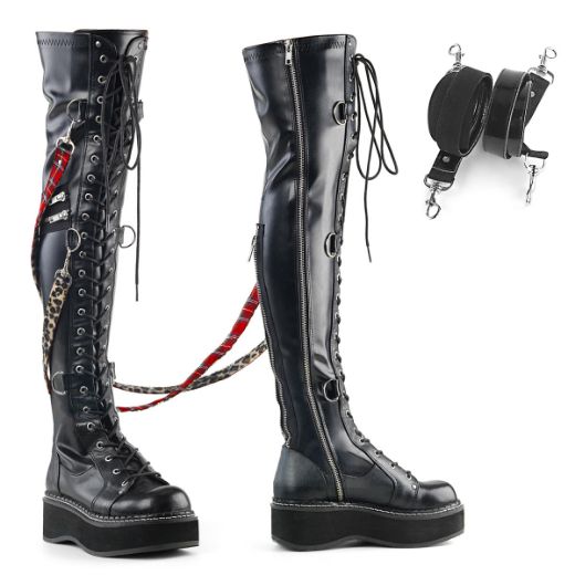 Product image of Demonia Emily-377 Black Stretch Vegan Leather, 2 inch Platform Thigh High Boot