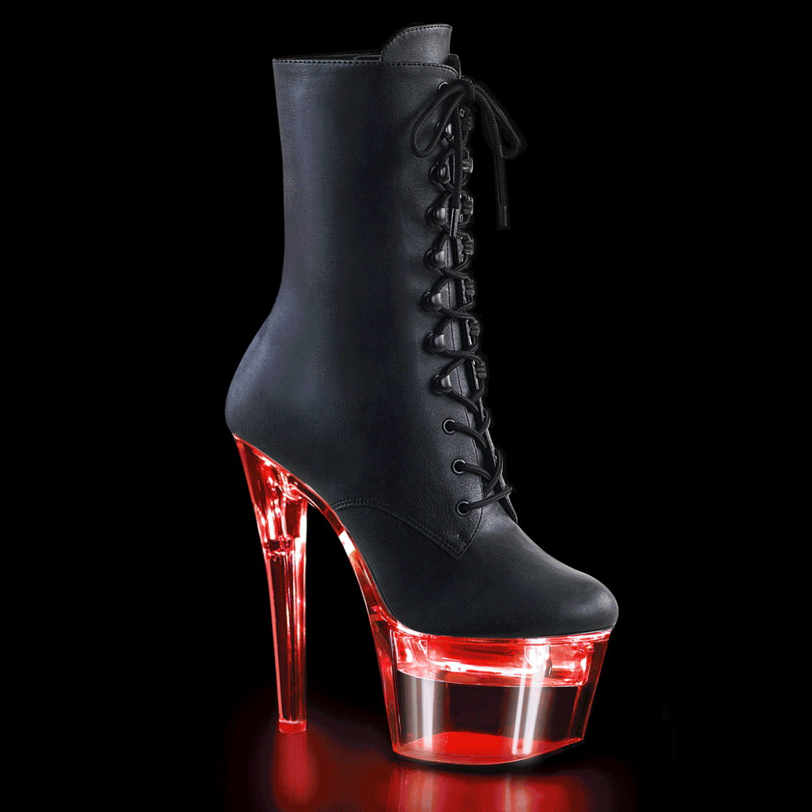 Product image of Pleaser Flashdance-1020-7 Black Faux Leather/Clear, 7 inch (17.8 cm) Heel, 2 3/4 inch (7 cm) Platform Ankle Boot