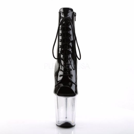 Product image of Pleaser Flamingo-1021 Black Patent/Clear, 8 inch (20.3 cm) Heel, 4 inch (10.2 cm) Platform Ankle Boot