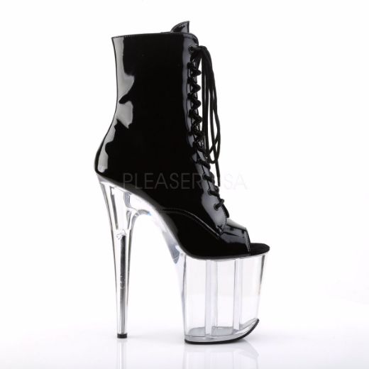 Product image of Pleaser Flamingo-1021 Black Patent/Clear, 8 inch (20.3 cm) Heel, 4 inch (10.2 cm) Platform Ankle Boot