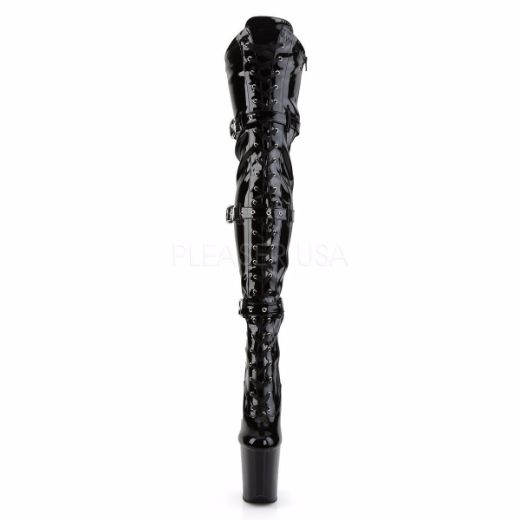 Product image of Pleaser Flamingo-3028 Black Stretch Patent/Black, 8 inch (20.3 cm) Heel, 4 inch (10.2 cm) Platform Thigh High Boot