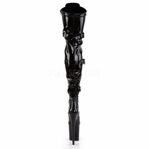 Product image of Pleaser Flamingo-3028 Black Stretch Patent/Black, 8 inch (20.3 cm) Heel, 4 inch (10.2 cm) Platform Thigh High Boot