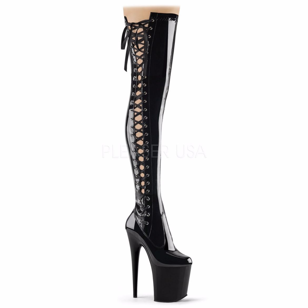 Product image of Pleaser Flamingo-3050 Black Stretch Patent/Black, 8 inch (20.3 cm) Heel, 4 inch (10.2 cm) Platform Thigh High Boot