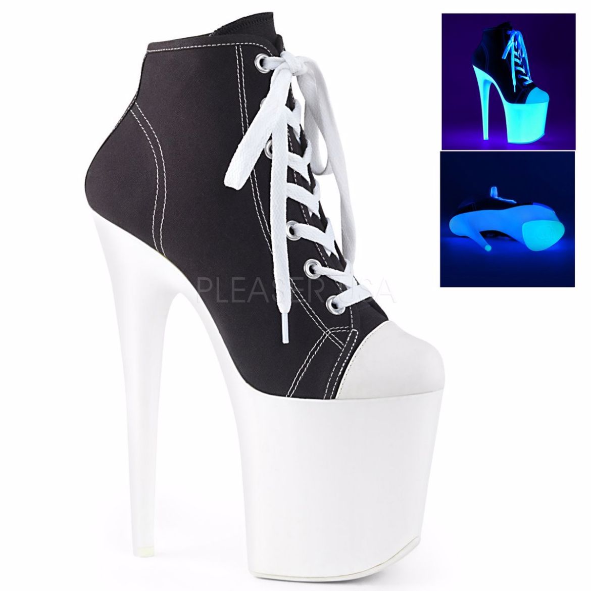 Product image of Pleaser Flamingo-800Sk-02 Black Canvas/Neon White, 8 inch (20.3 cm) Heel, 4 inch (10.2 cm) Platform Ankle Boot