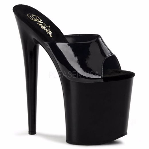 Product image of Pleaser Flamingo-801 Black Patent/Black, 8 inch (20.3 cm) Heel, 4 inch (10.2 cm) Platform Slide Mule Shoes