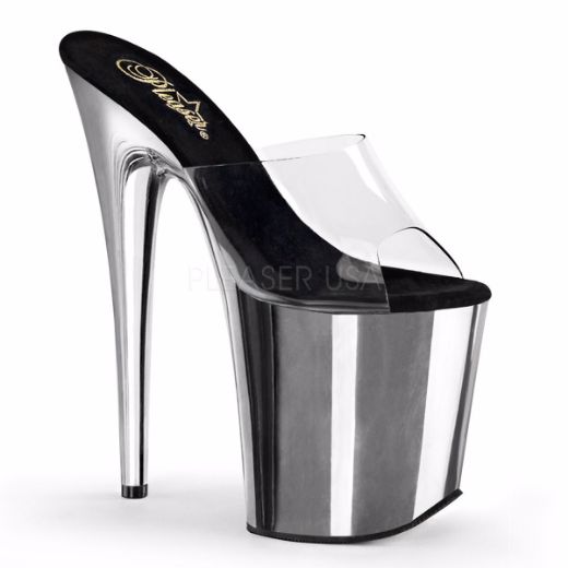 Product image of Pleaser Flamingo-801 Clear/Silver Chrome, 8 inch (20.3 cm) Heel, 4 inch (10.2 cm) Platform Slide Mule Shoes