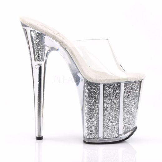 Product image of Pleaser Flamingo-801G Clear/Silver Glitter, 8 inch (20.3 cm) Heel, 4 inch (10.2 cm) Platform Slide Mule Shoes