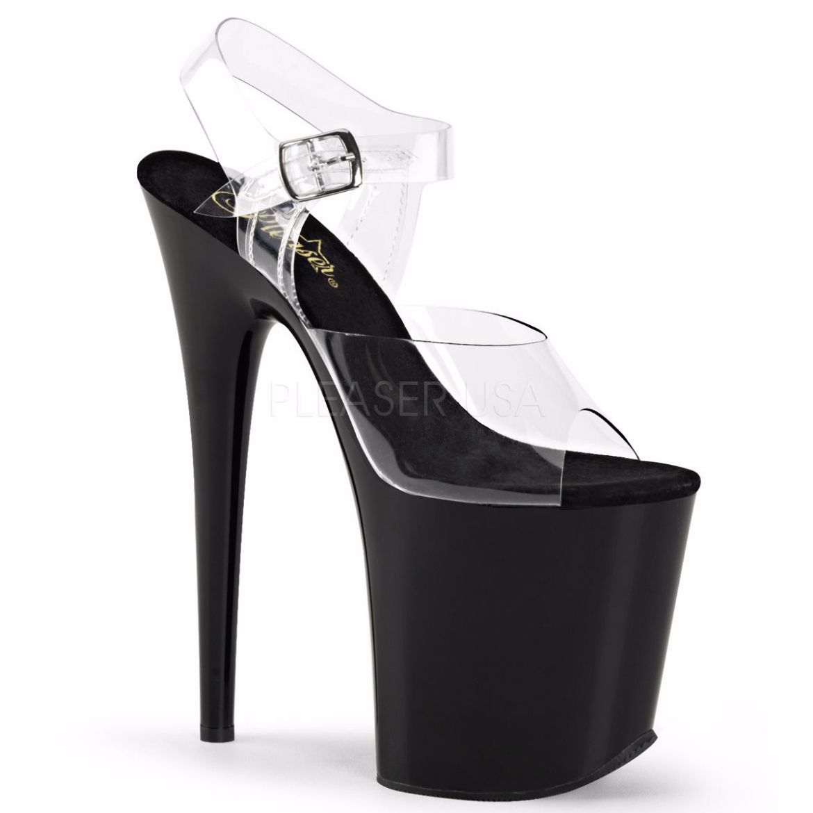 Product image of Pleaser Flamingo-808 Clear/Black, 8 inch (20.3 cm) Heel, 4 inch (10.2 cm) Platform Sandal Shoes