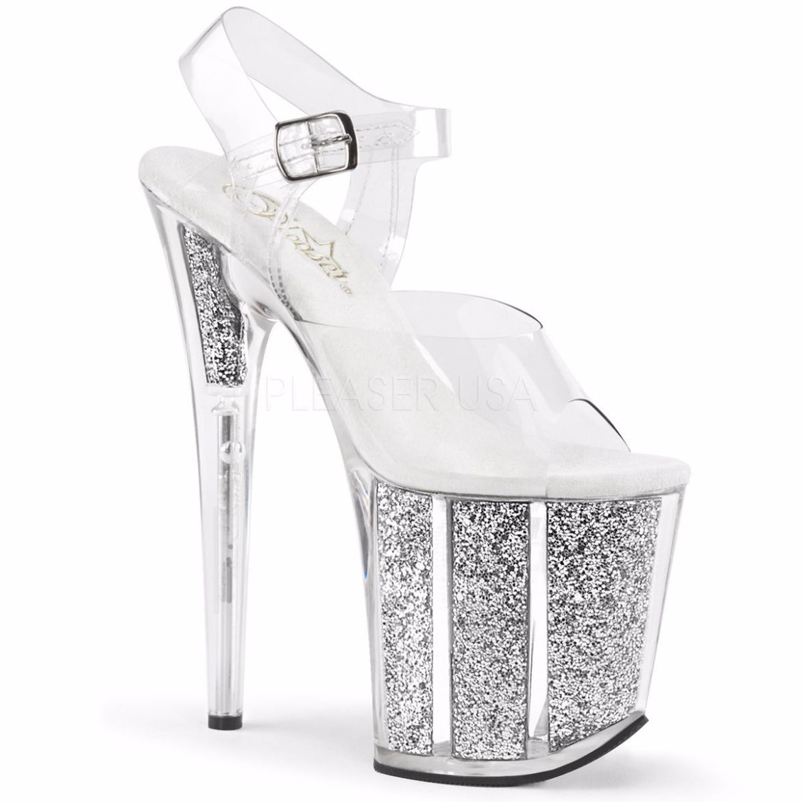 Product image of Pleaser Flamingo-808G Clear/Silver Glitter, 8 inch (20.3 cm) Heel, 4 inch (10.2 cm) Platform Sandal Shoes