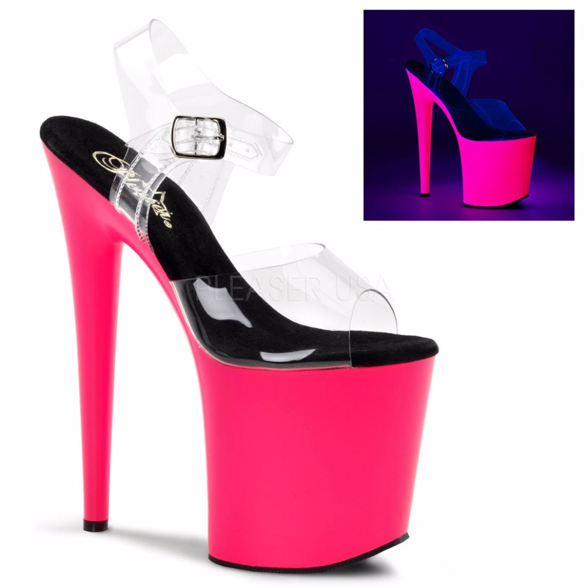 Product image of Pleaser Flamingo-808Uv Clear/Neon Pink, 8 inch (20.3 cm) Heel, 4 inch (10.2 cm) Platform Sandal Shoes