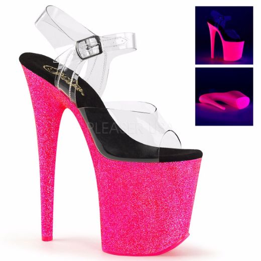 Product image of Pleaser Flamingo-808Uvg Clear/Neon Hot Pink Glitter, 8 inch (20.3 cm) Heel, 4 inch (10.2 cm) Platform Sandal Shoes