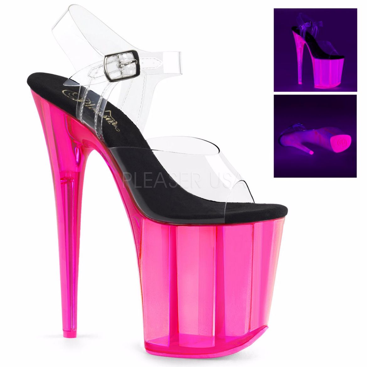 Product image of Pleaser Flamingo-808Uvt Clear/Hot Pink Tinted, 8 inch (20.3 cm) Heel, 4 inch (10.2 cm) Platform Sandal Shoes