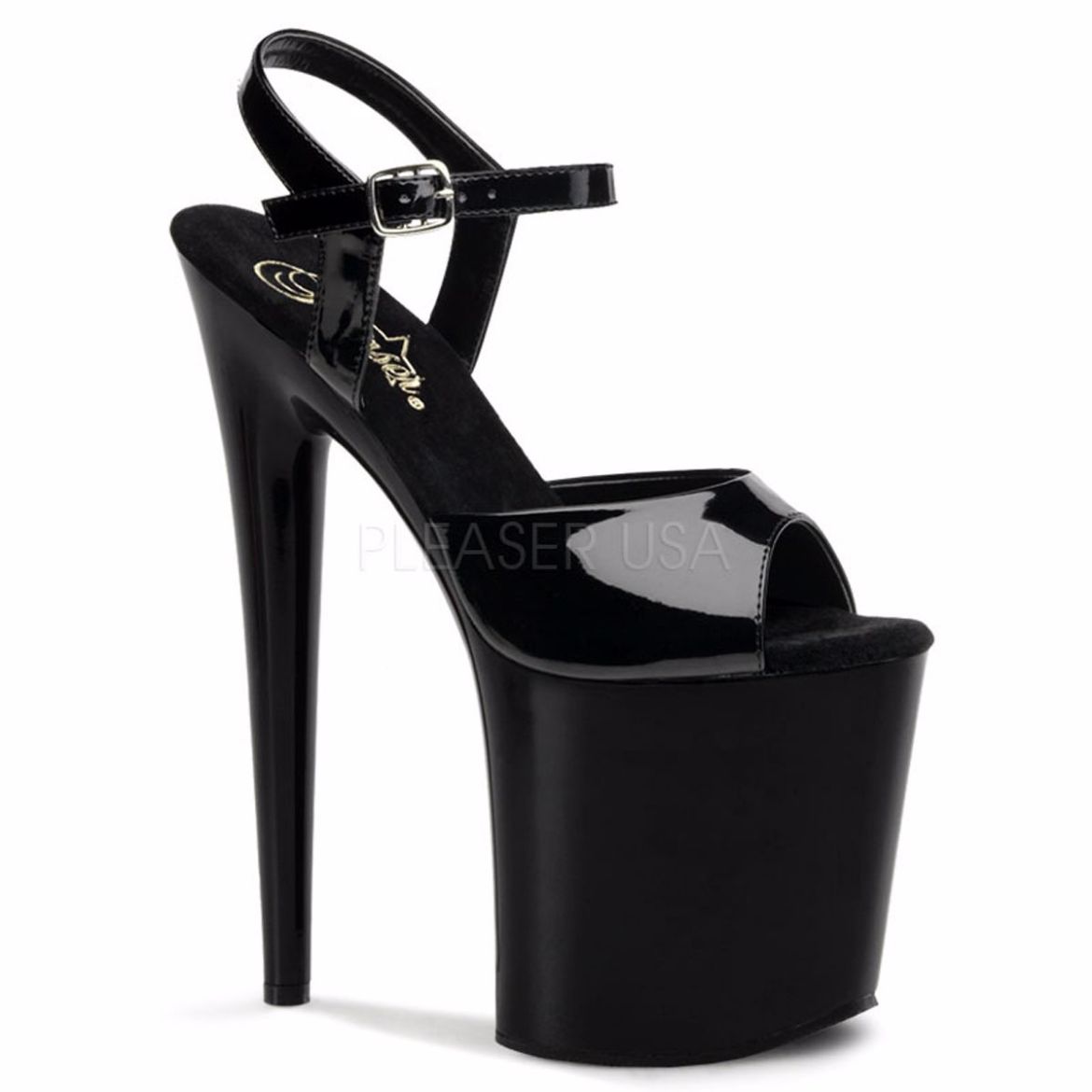 Product image of Pleaser Flamingo-809 Black Patent/Black, 8 inch (20.3 cm) Heel, 4 inch (10.2 cm) Platform Sandal Shoes