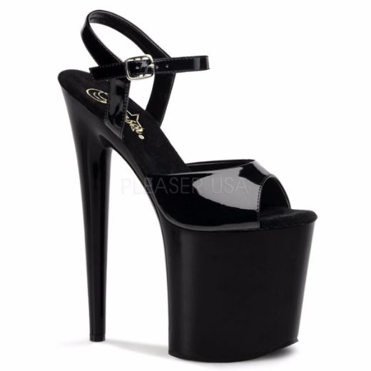Product image of Pleaser Flamingo-809 Black Patent/Black, 8 inch (20.3 cm) Heel, 4 inch (10.2 cm) Platform Sandal Shoes