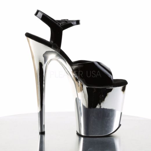 Product image of Pleaser Flamingo-809 Black Patent/Silver Chrome, 8 inch (20.3 cm) Heel, 4 inch (10.2 cm) Platform Sandal Shoes