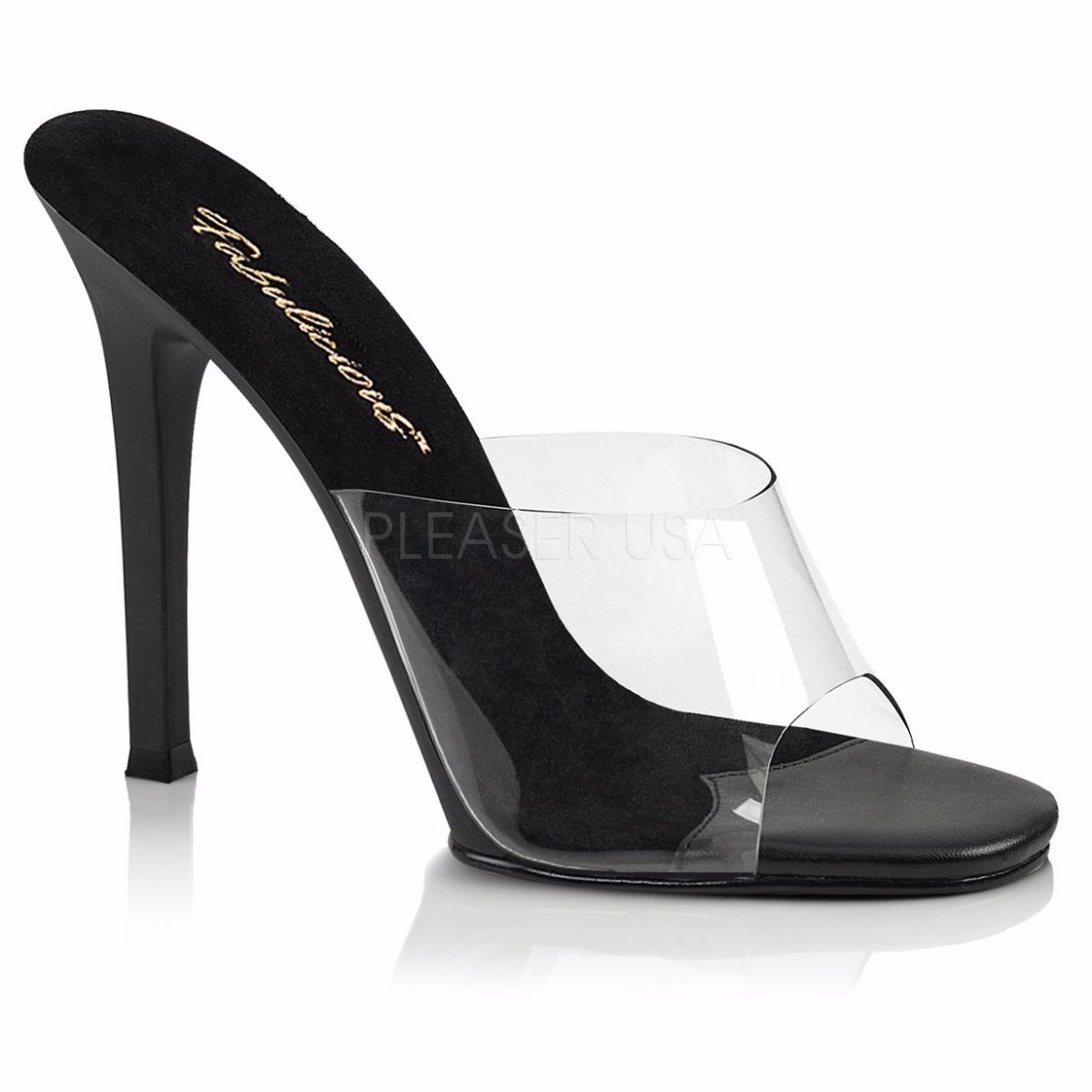 Product image of Fabulicious Gala-01 Clear-Black/Black Matte, 4 1/2 inch (11.4 cm) Heel Slide Mule Shoes