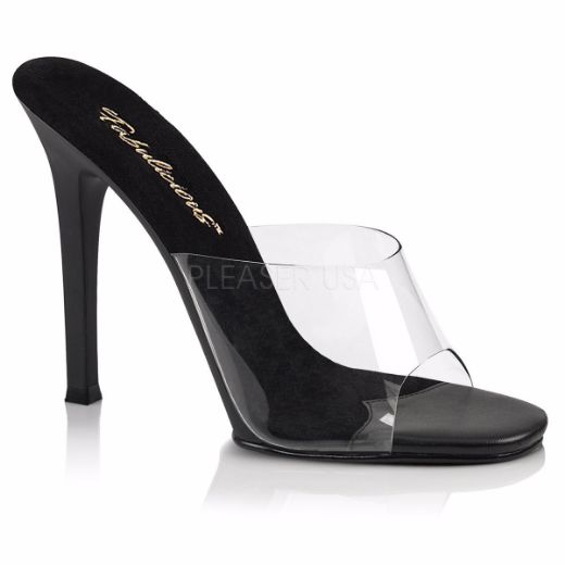 Product image of Fabulicious Gala-01 Clear-Black/Black Matte, 4 1/2 inch (11.4 cm) Heel Slide Mule Shoes