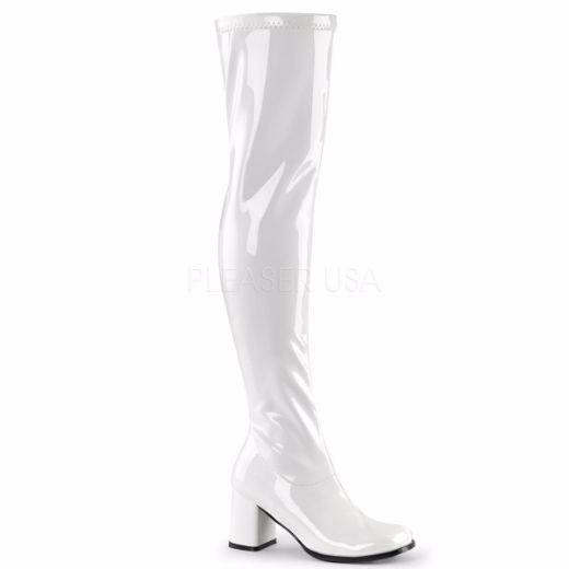 Product image of Funtasma Gogo-3000 White Stretch Patent, 3 inch (7.6 cm) Block Heel Knee High Boot