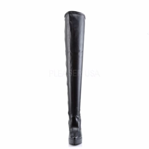 Product image of Devious Indulge-3000 Black Stretch Pu, 5 1/4 inch (13.3 cm) Heel, 1 1/4 inch (3.2 cm) Platform Thigh High Boot