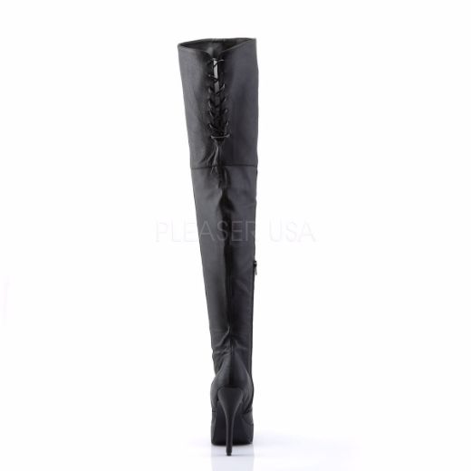 Product image of Devious Indulge-3011 Black Leather (P), 5 1/4 inch (13.3 cm) Heel, 1 1/4 inch (3.2 cm) Platform Thigh High Boot