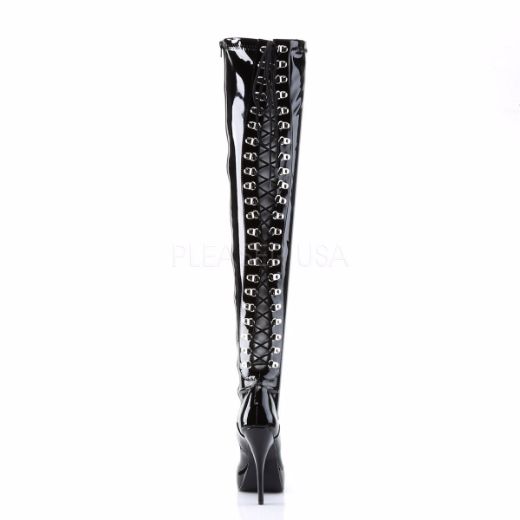 Product image of Devious Indulge-3063 Black Stretch Patent, 5 1/4 inch (13.3 cm) Heel, 1 1/4 inch (3.2 cm) Platform Thigh High Boot