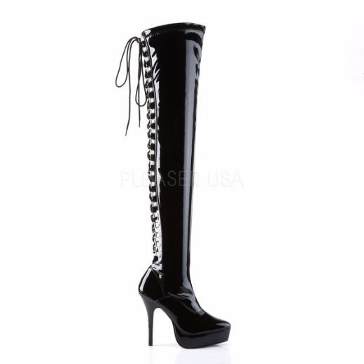 Product image of Devious Indulge-3063 Black Stretch Patent, 5 1/4 inch (13.3 cm) Heel, 1 1/4 inch (3.2 cm) Platform Thigh High Boot