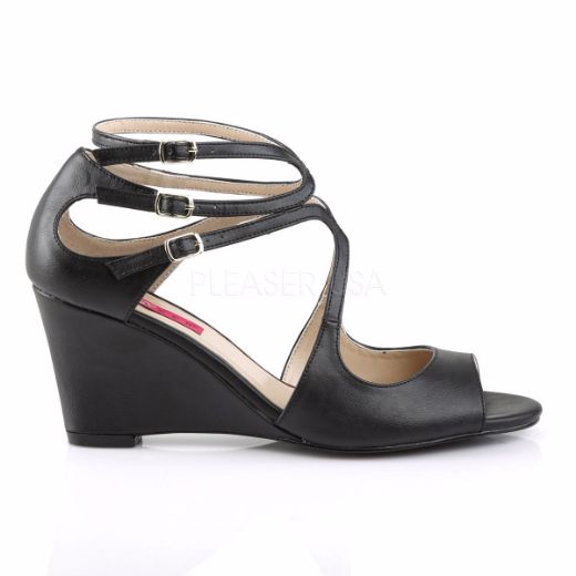 Product image of Pleaser Pink Label Kimberly-04 Black Faux Leather, 3 inch (7.6 cm) Wedge Sandal Shoes