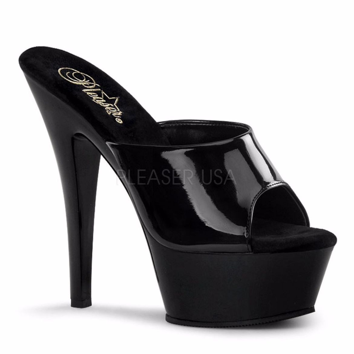 Product image of Pleaser Kiss-201 Black Patent/Black, 6 inch (15.2 cm) Heel, 1 3/4 inch (4.4 cm) Platform Slide Mule Shoes