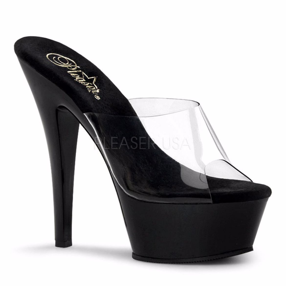 Product image of Pleaser Kiss-201 Clear/Black, 6 inch (15.2 cm) Heel, 1 3/4 inch (4.4 cm) Platform Slide Mule Shoes